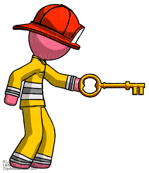 Pink Firefighter Fireman Man With Big Key Of Gold Opening Something #12641