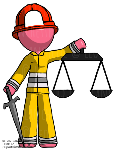 Pink Firefighter Fireman Man Justice Concept With Scales And Sword, Justicia Derived #12642