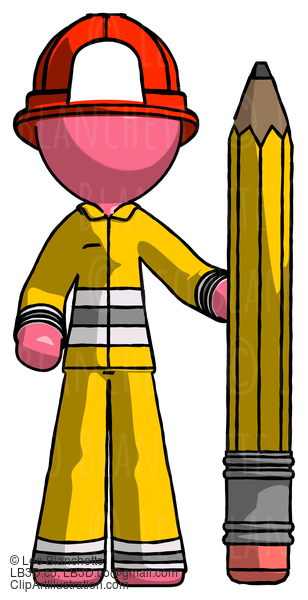 Pink Firefighter Fireman Man With Large Pencil Standing Ready To Write #12646