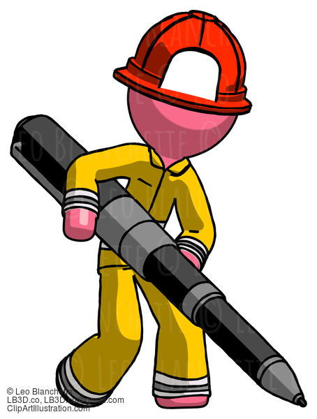 Pink Firefighter Fireman Man Writing With A Really Big Pen #12648