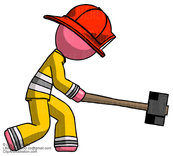 Pink Firefighter Fireman Man Hitting With Sledgehammer, Or Smashing Something #12652