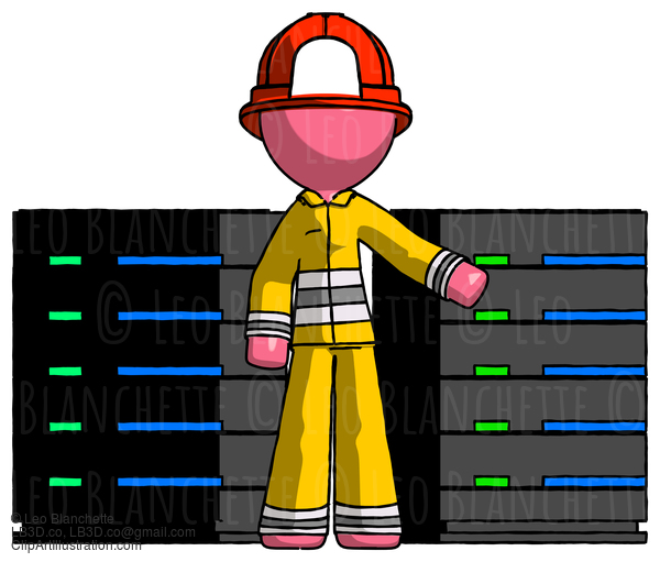 Pink Firefighter Fireman Man With Server Racks, In Front Of Two Networked Systems #12653