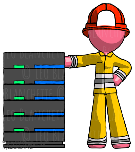 Pink Firefighter Fireman Man With Server Rack Leaning Confidently Against It #12656