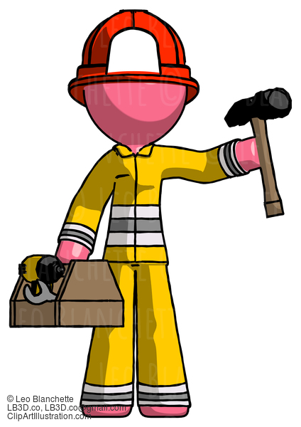 Pink Firefighter Fireman Man Holding Tools And Toolchest Ready To Work #12659