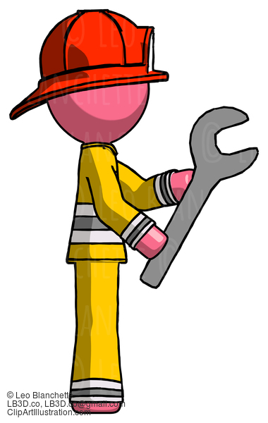 Pink Firefighter Fireman Man Using Wrench Adjusting Something To Right #12660