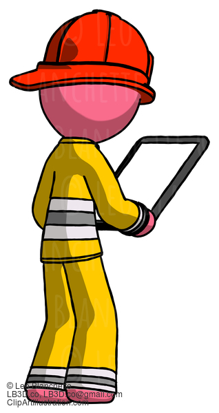 Pink Firefighter Fireman Man Looking At Tablet Device Computer Facing Away #12661