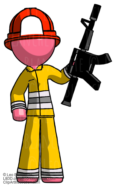 Pink Firefighter Fireman Man Holding Automatic Gun #12667