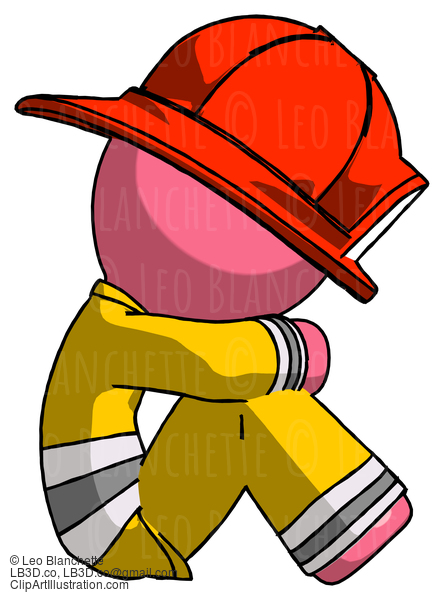 Pink Firefighter Fireman Man Sitting With Head Down Facing Sideways Right #12670