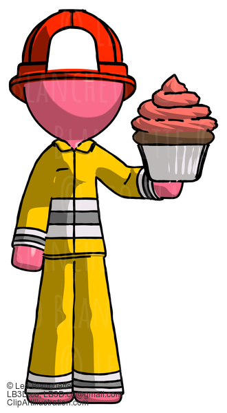 Pink Firefighter Fireman Man Presenting Pink Cupcake To Viewer #12673