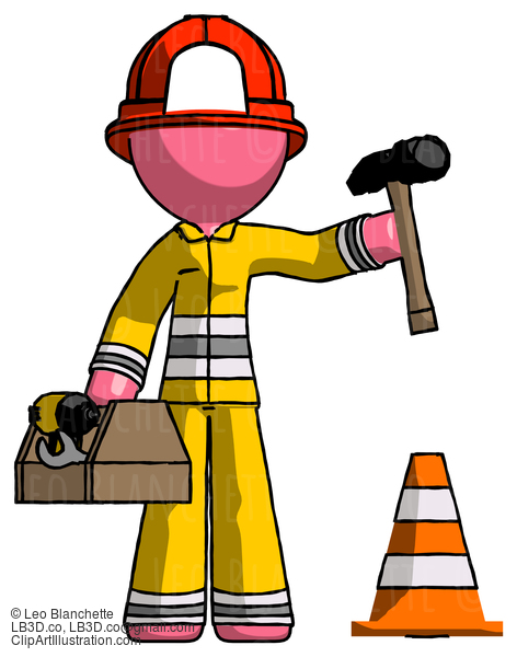 Pink Firefighter Fireman Man Under Construction Concept, Traffic Cone And Tools #12674