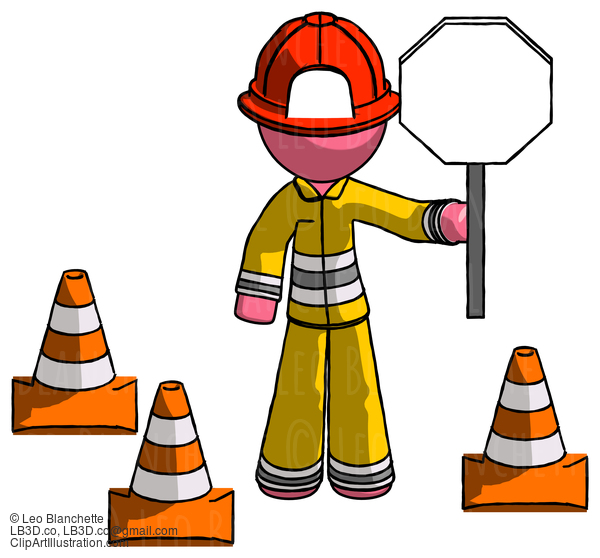 Pink Firefighter Fireman Man Holding Stop Sign By Traffic Cones Under Construction Concept #12676