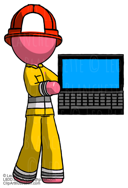 Pink Firefighter Fireman Man Holding Laptop Computer Presenting Something On Screen #12681