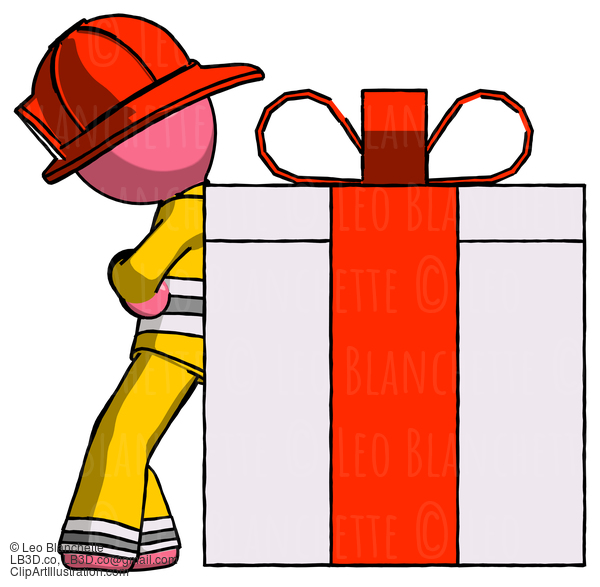 Pink Firefighter Fireman Man Gift Concept - Leaning Against Large Present #12683