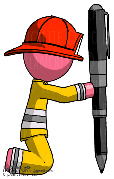 Pink Firefighter Fireman Man Posing With Giant Pen In Powerful Yet Awkward Manner. #12685