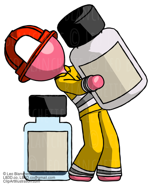 Pink Firefighter Fireman Man Holding Large White Medicine Bottle With Bottle In Background #12690