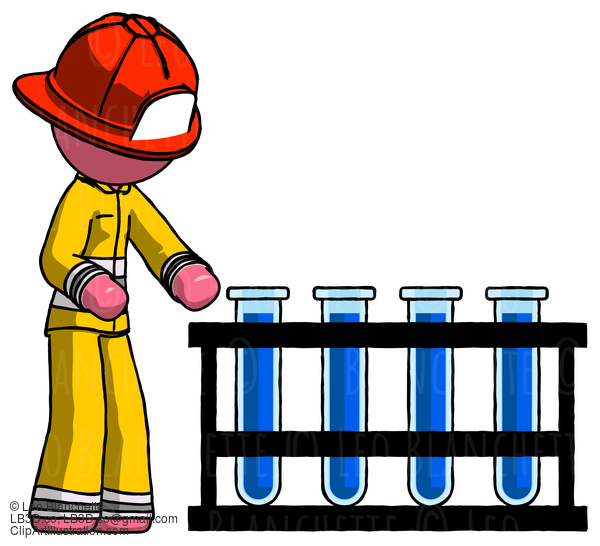 Pink Firefighter Fireman Man Using Test Tubes Or Vials On Rack #12691