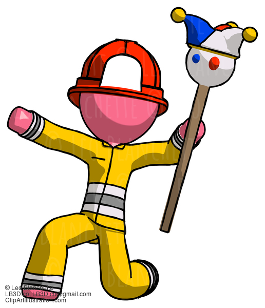 Pink Firefighter Fireman Man Holding Jester Staff Posing Charismatically #12694