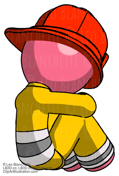 Pink Firefighter Fireman Man Sitting With Head Down Back View Facing Right #12698