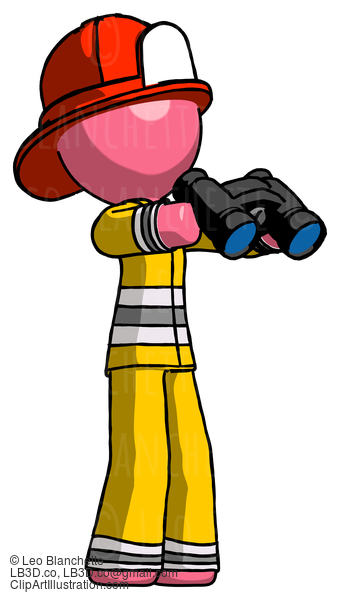 Pink Firefighter Fireman Man Holding Binoculars Ready To Look Right #12700