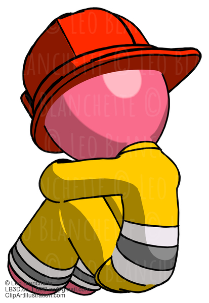 Pink Firefighter Fireman Man Sitting With Head Down Back View Facing Left #12701