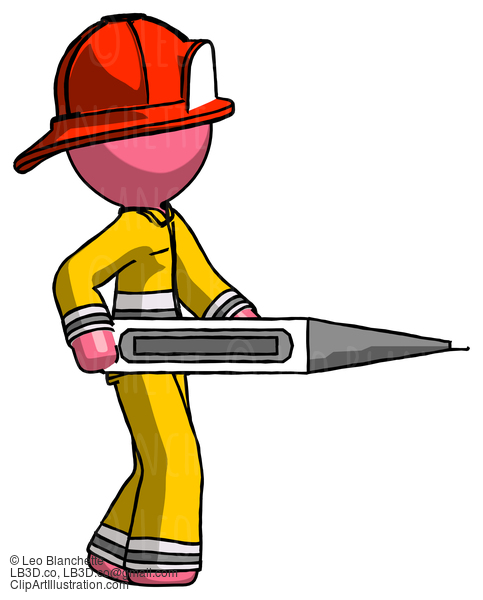 Pink Firefighter Fireman Man Walking With Large Thermometer #12703