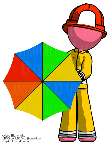 Pink Firefighter Fireman Man Holding Rainbow Umbrella Out To Viewer #12705