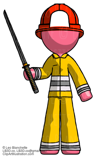 Pink Firefighter Fireman Man Standing Up With Ninja Sword Katana #12708