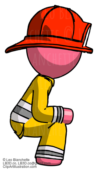 Pink Firefighter Fireman Man Squatting Facing Right #12711