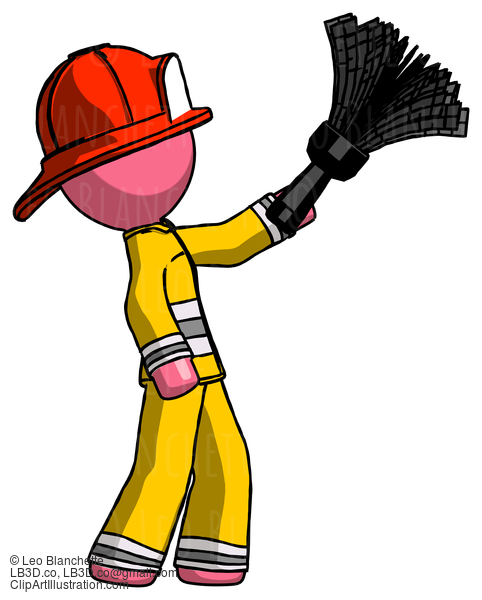 Pink Firefighter Fireman Man Dusting With Feather Duster Upwards #12712