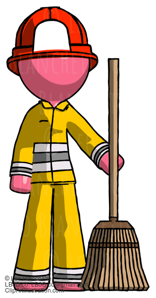 Pink Firefighter Fireman Man Standing With Broom Cleaning Services #12719