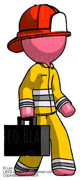 Pink Firefighter Fireman Man Walking With Briefcase To The Right #12720