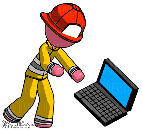 Pink Firefighter Fireman Man Throwing Laptop Computer In Frustration #12722