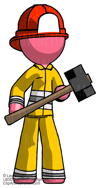 Pink Firefighter Fireman Man With Sledgehammer Standing Ready To Work Or Defend #12726