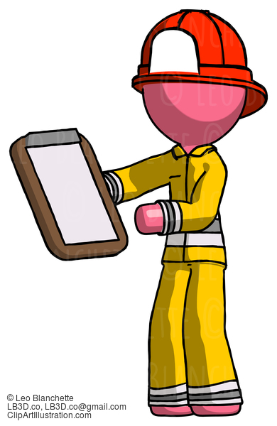 Pink Firefighter Fireman Man Reviewing Stuff On Clipboard #12728