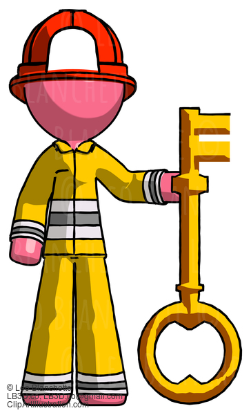 Pink Firefighter Fireman Man Holding Key Made Of Gold #12730