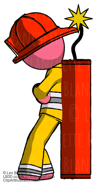 Pink Firefighter Fireman Man Leaning Against Dynimate, Large Stick Ready To Blow #12731