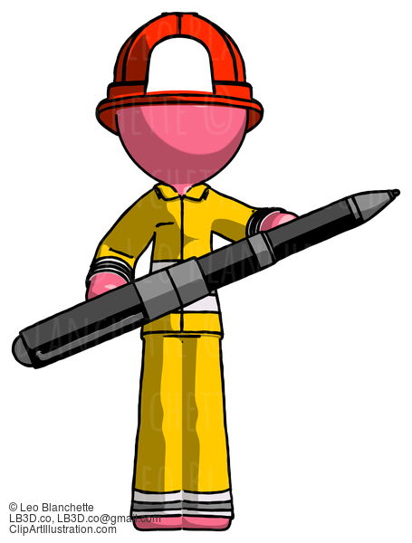 Pink Firefighter Fireman Man Posing Confidently With Giant Pen #12733