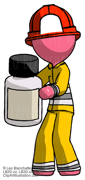 Pink Firefighter Fireman Man Holding White Medicine Bottle #12734