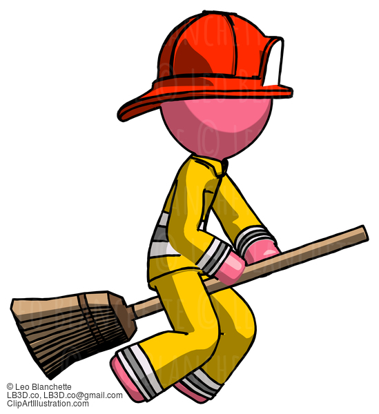 Pink Firefighter Fireman Man Flying On Broom #12738