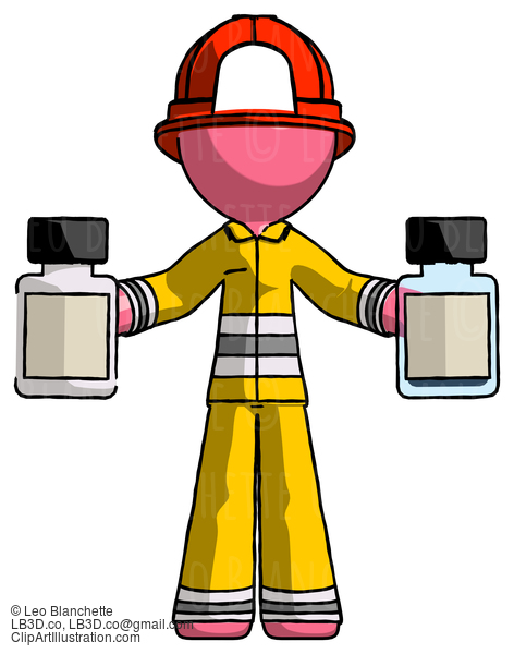 Pink Firefighter Fireman Man Holding Two Medicine Bottles #12739