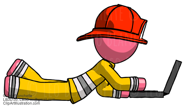 Pink Firefighter Fireman Man Using Laptop Computer While Lying On Floor Side View #12740