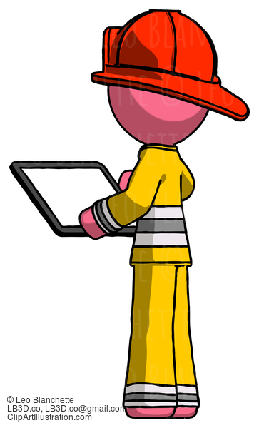 Pink Firefighter Fireman Man Looking At Tablet Device Computer With Back To Viewer #12742