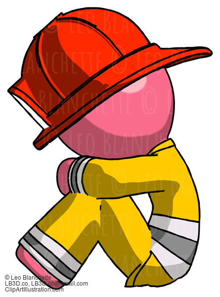 Pink Firefighter Fireman Man Sitting With Head Down Facing Sideways Left #12747