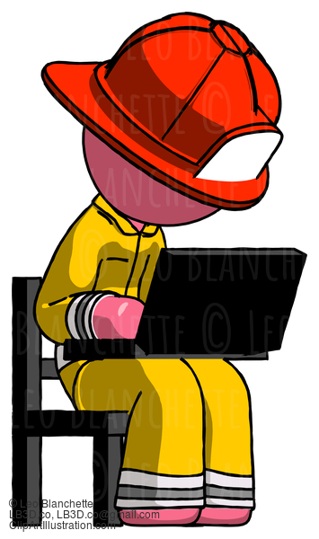 Pink Firefighter Fireman Man Using Laptop Computer While Sitting In Chair Angled Right #12750