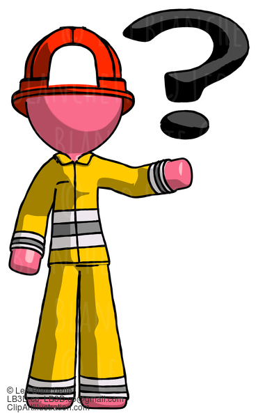 Pink Firefighter Fireman Man Holding Question Mark To Right #12757