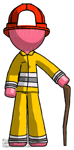 Pink Firefighter Fireman Man Standing With Hiking Stick #12760