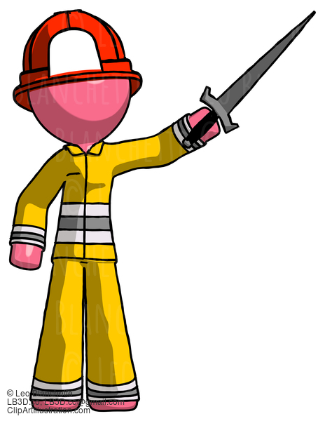 Pink Firefighter Fireman Man Holding Sword In The Air Victoriously #12761