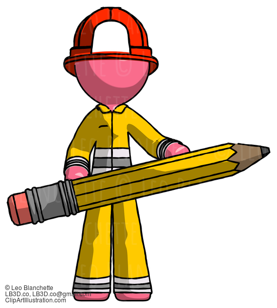 Pink Firefighter Fireman Man Writer Or Blogger Holding Large Pencil #12765