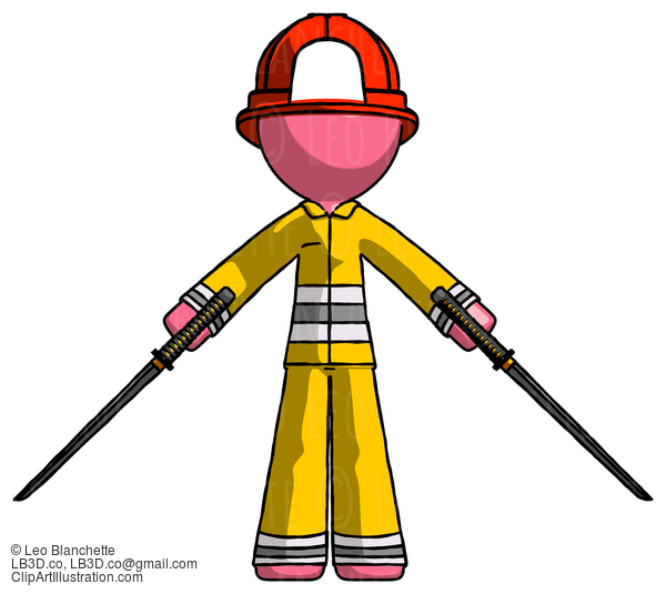 Pink Firefighter Fireman Man Posing With Two Ninja Sword Katanas #12766