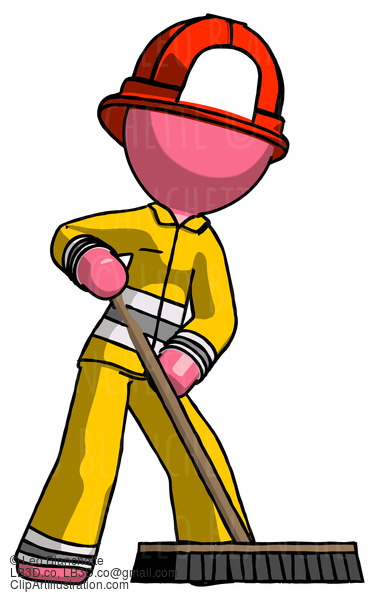 Pink Firefighter Fireman Man Cleaning Services Janitor Sweeping Floor With Push Broom #12770